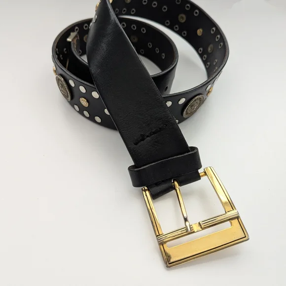 Vintage Unisex Black Studded Leather Sun Medallion Belt - Picture 4 of 11